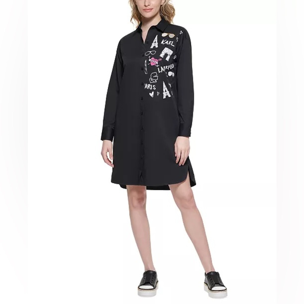 NWOT KARLLAGERFELD PARIS POPLIN SCENIC BLACK SHIRTDRESS